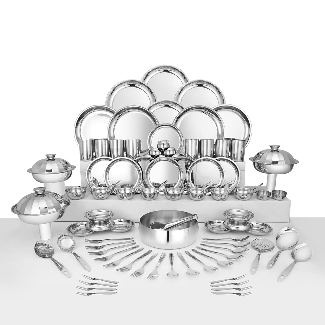 Stainless Steel Delight Solid Dinner Set Of 90 Pieces, Silver | Easy To Clean & Dishwasher Safe