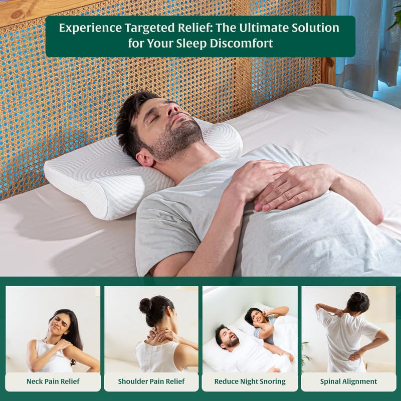 Cervical Contour Memory Foam Pillow, Orthopedic Bed Pillow For Sleeping, White | For Pain Relief With Washable Zippered Pillow Cover | Eco-Friendly, Adjustable, Removable Cover