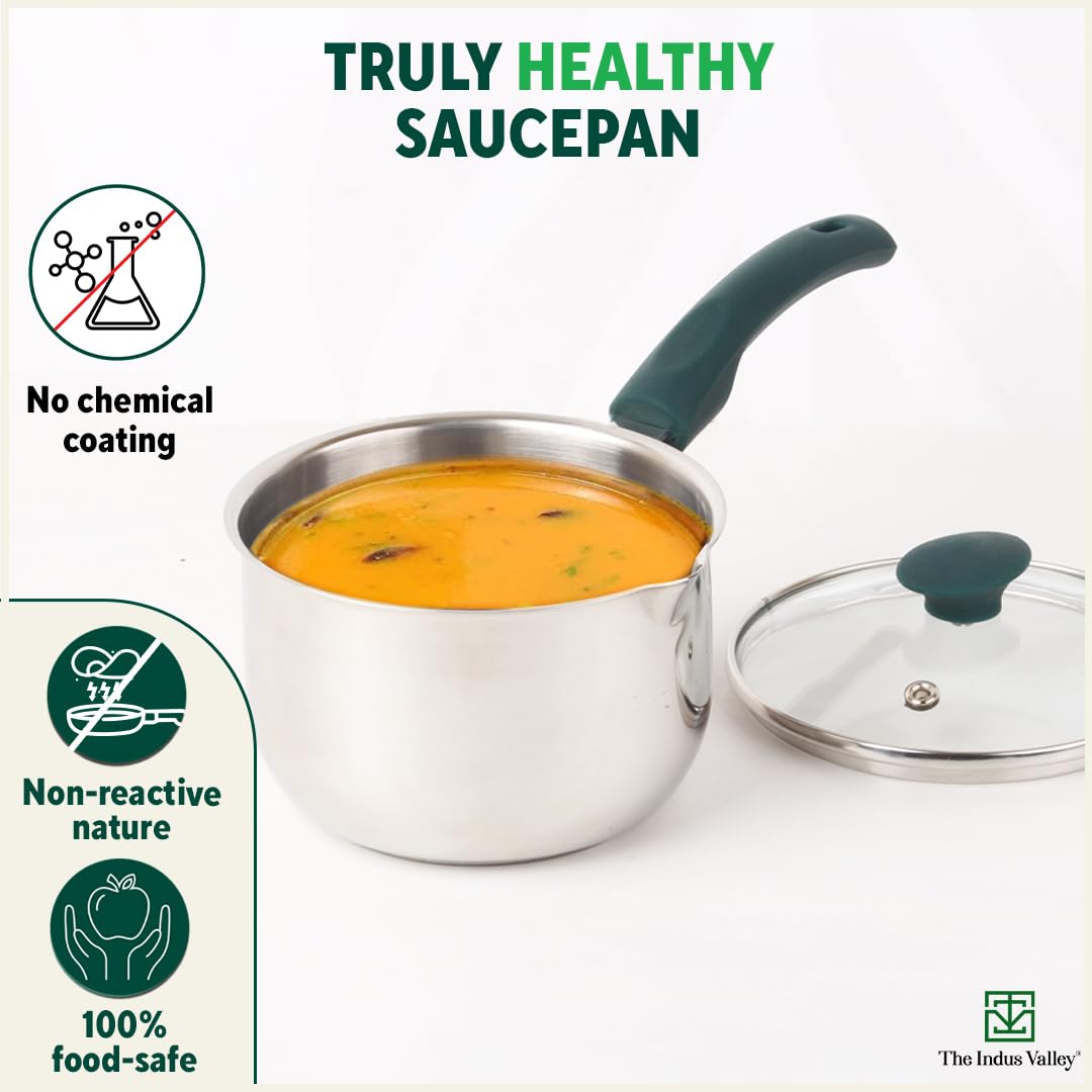 Stainless Steel Sauce Pan Or Milk Pan With Glass Lid - Very Small, 15.1cm, 5.9 Inch, 1 Liter, 0.8 Kg | Induction Friendly, 3-Layer Bottom, 100% Toxin-Free, Naturally Non-Stick, Long Lasting