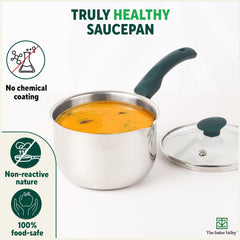 Stainless Steel Sauce Pan Or Milk Pan With Glass Lid - Very Small, 15.1cm, 5.9 Inch, 1 Liter, 0.8 Kg | Induction Friendly, 3-Layer Bottom, 100% Toxin-Free, Naturally Non-Stick, Long Lasting