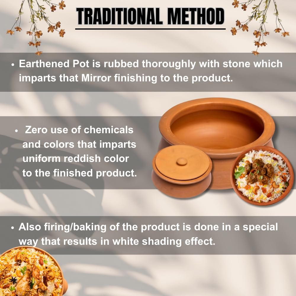 Exclusive Range Unglazed Clay Handi | Earthen Kadai | Clay Pot For Cooking & Serving -1.5 Liters Pack Of 2, Red-Ochre (Gerua)