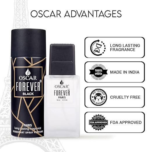 Oscar Exclusive Combo Of 2 Gift Collection Of Forever Black Paris 150ml 5 Fl.oz.with Forever Paris Eau De Parfum 60ml 2 Fl.oz. | Premium Long Lasting Perfume For Men & Women| Skin Friendly Unisex Perfume