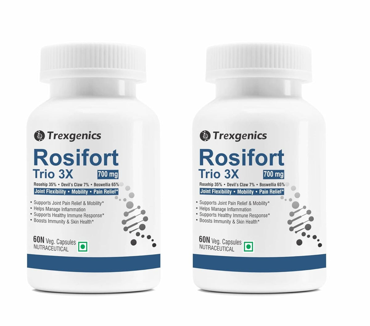 Trexgenics Rosiforte Trio Rosehip, Boswellia, Devil's Claw 700mg Joint Pain & Inflammation Support Vegan & Non - Gmo | 60 Veg Capsules 100gm 0.2lbs Each Pack Of 2