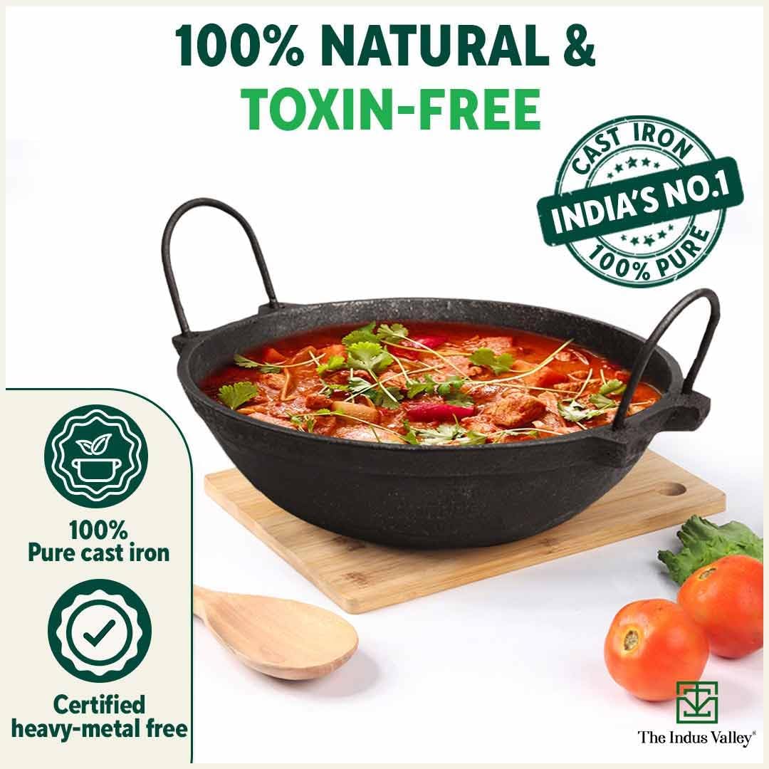 Pre-Seasoned Black Cast Iron Kadai With Saute - Small, 24 Cm, 9.4 Inch, 2 Liters, 2.8 Kg | Naturally Nonstick Kadhai, 100% Pure & Toxin-Free, No Chemical Coating