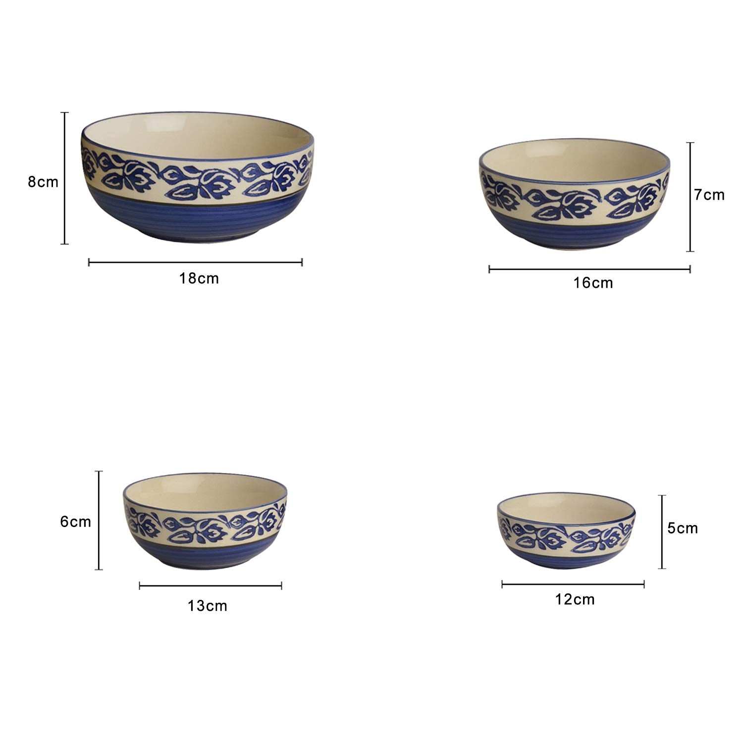 Studio Pottery Hand Painted Dinner Serving Bowl Set Of 4 - 1200ml, 650ml, 450ml & 250ml, Blue | Dinner Serving Donga Set - Stackable Kitchen Bowl Set