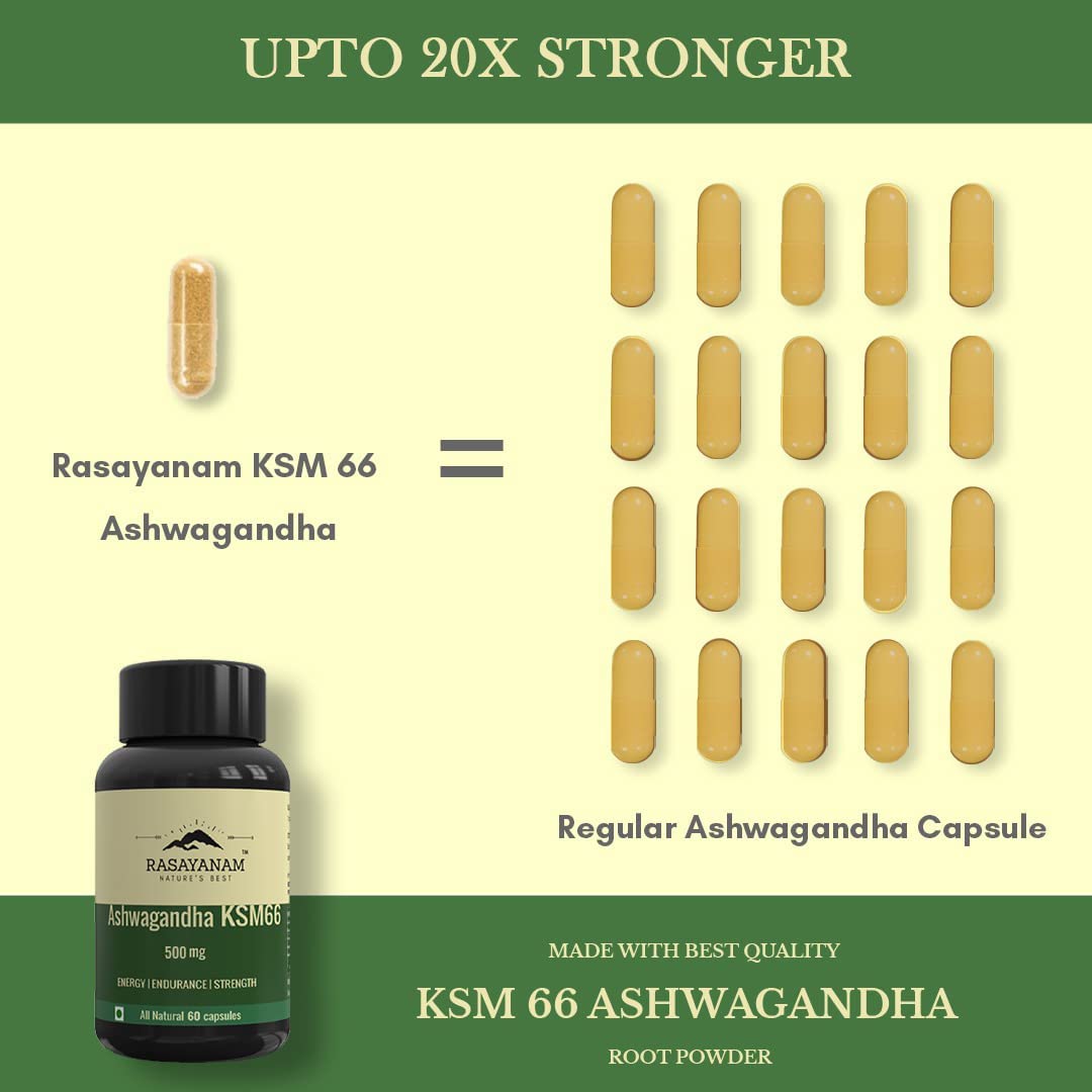 Rasayanam Ashwagandha Ksm-66 500mg Extra Strength Natural Formulation Support Strength & Energy Withania Somnifera Extract | 60 Veg Capsules 100gm 0.2lbs