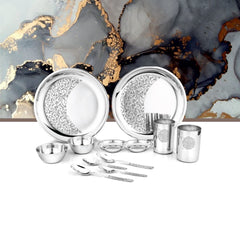 Designer Stainless Steel Delight Laser Bloom Dinner Set Of 12 Pieces, Silver | 2 Dinner Plates+ 2 Glasses+ 2 Bowls+ 2 Pudding Bowls+ 2 Dessert Spoons+ 2 Tea Spoons