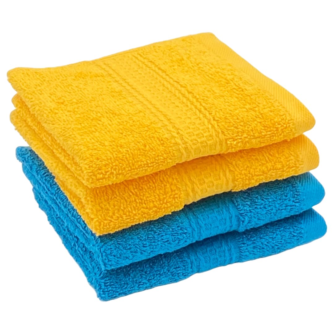 Patpug 100% Indian Ultra Soft Cotton Face Towel 500 Gsm | Napkin, Baby Face Towel, For Facewash, Gym, Travel, Hanky (Turqoise Blue & Sunrise Yellow) | Pack Of 4