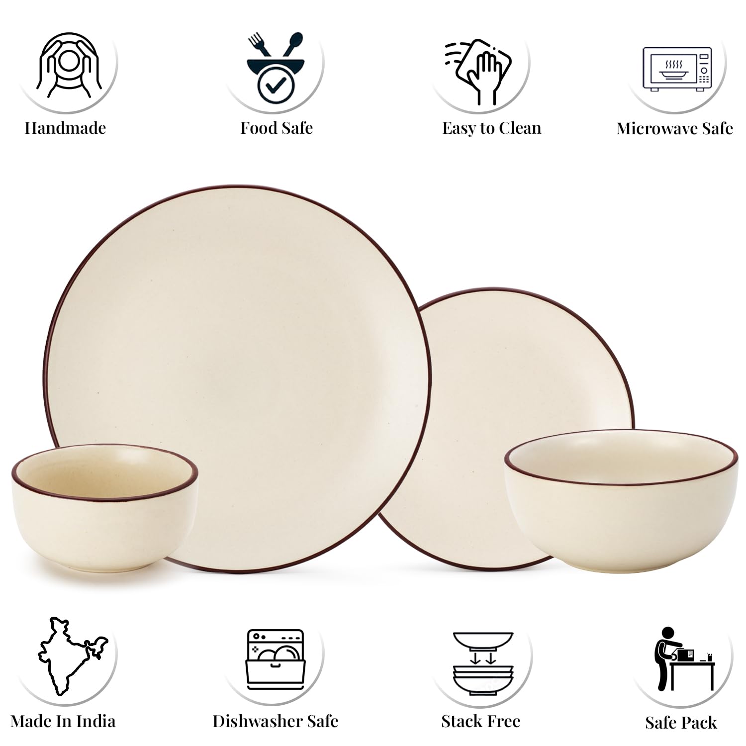 Handcrafted Ceramic Stoneware Dinner Set Of 14 Pieces With Serving Bowls Set - Off White | 4 Dinner Plates + 4 Small Plates + 4 Small Dinner Bowl, 170ml Each+ 2 Serving Bowl, 1000ml Each