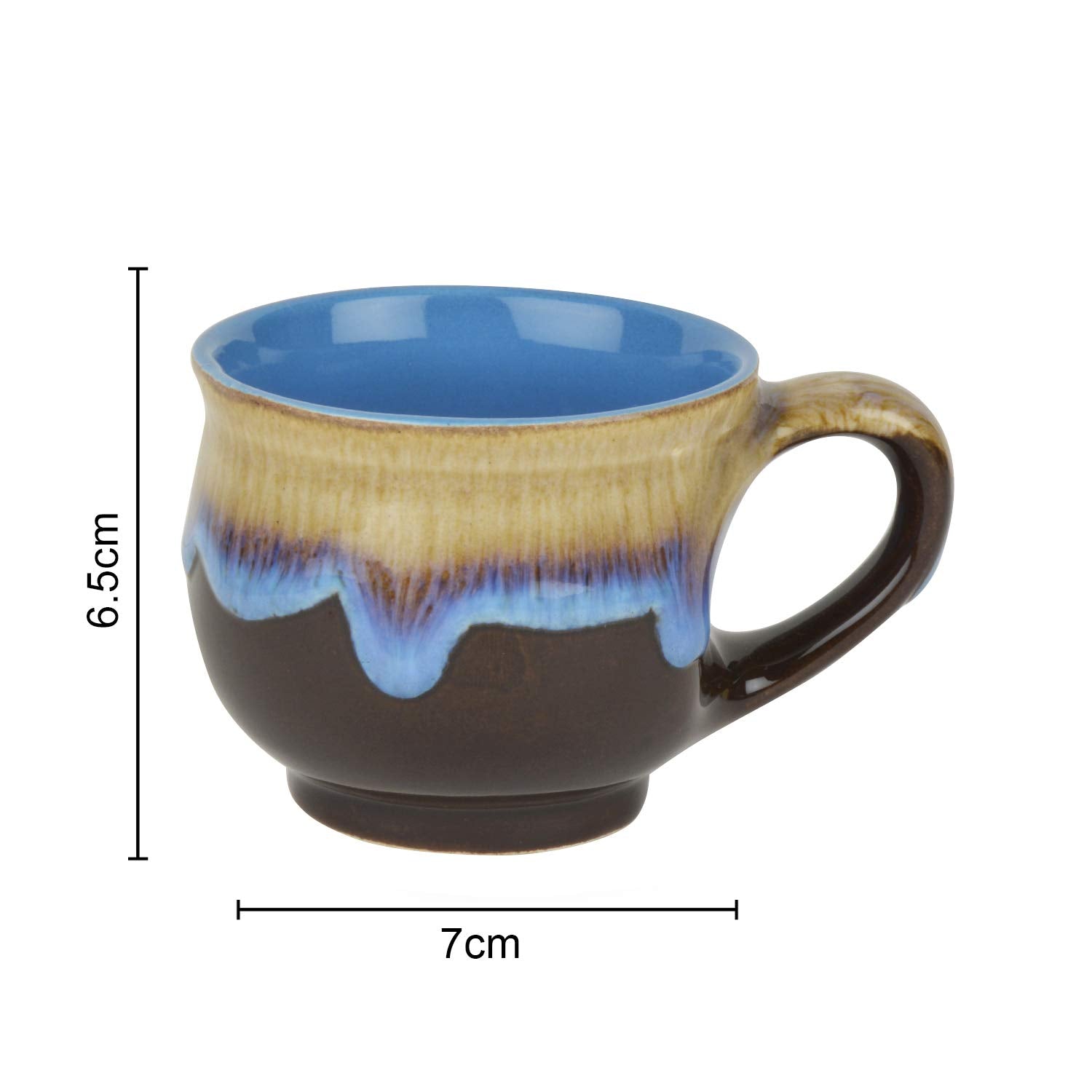 Studio Pottery Ceramic Flow Design Glazed Tea Cups Set Of 6 - Brown & Multicolor, 100ml Each | Chai Cups - Coffee Mug Set - Tea Cup Set