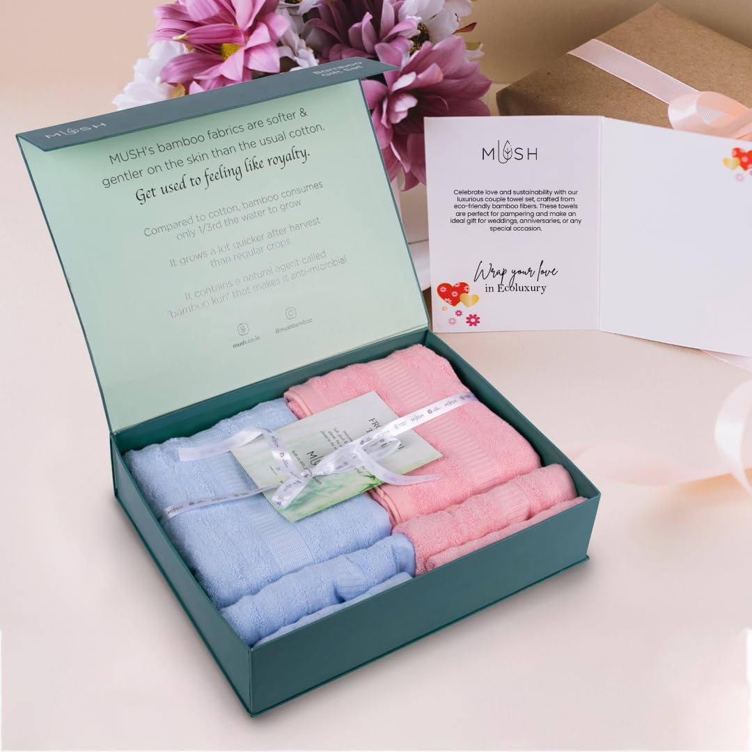 Mush Bamboo Luxurious 2 Bath + 2 Hand & 2 Face Towel 2000 Gsm | Ultra Soft, Absorbent & Antimicrobial Towel (Sky & Pink) -6 Piece