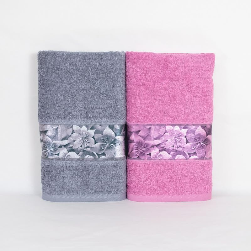 Rangoli 100% Cotton Fibre Bath Towels 1000 Gsm | Highly Durable & Absorbent With Printed Border | Quick Drying Towels (Pink & Grey) - Pack Of 2