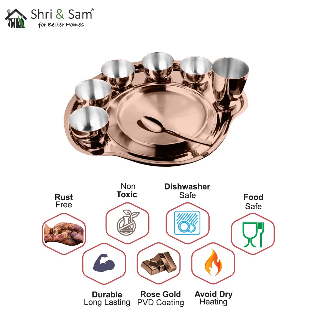 Stainless Steel Rose Gold Nifty Thali Set Of 9 Pieces, Copper | 5 Katoris+ 1 Glass+ 1 Quarter Plate+ 1 Full Plate+ 1 Dessert Spoon