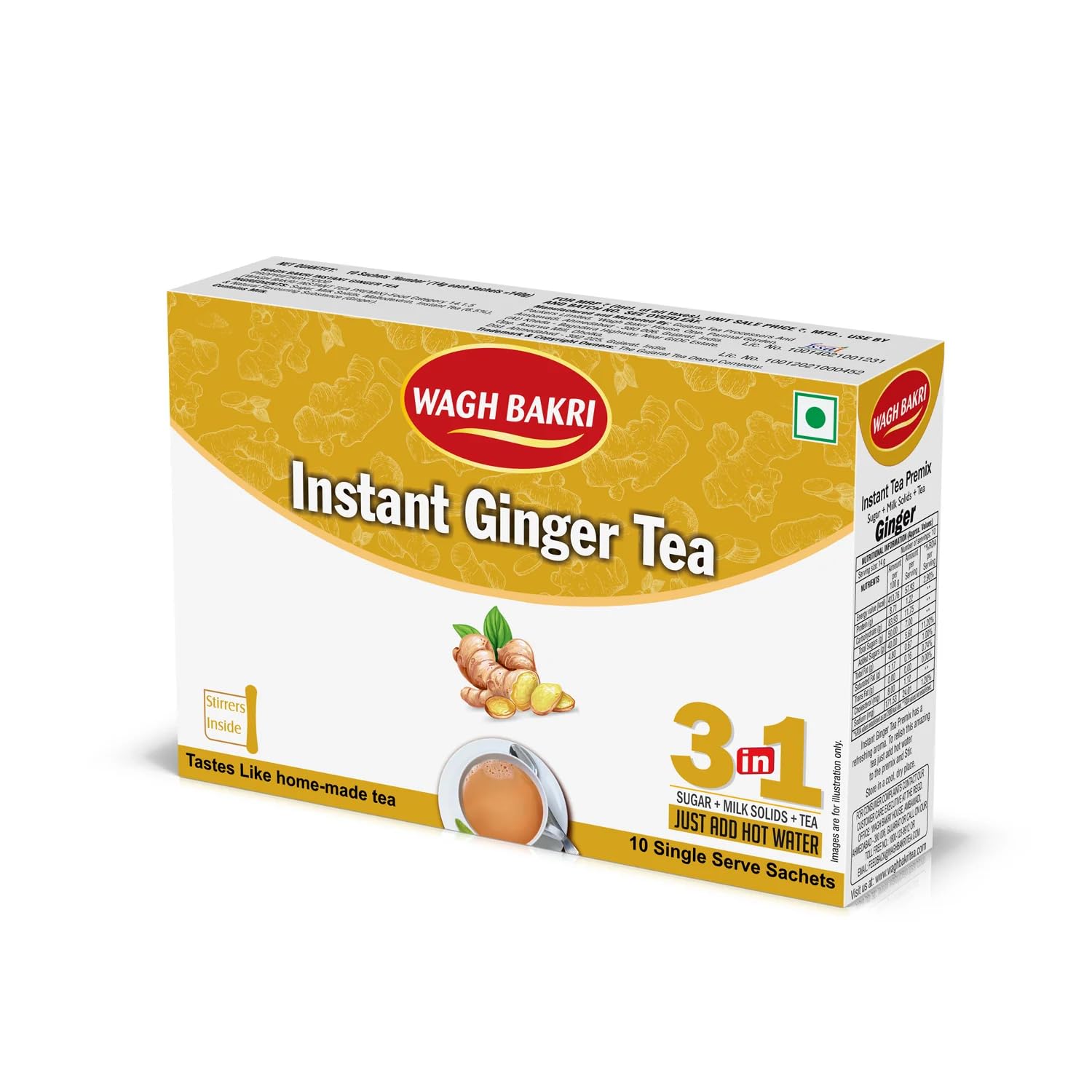 Wagh Bakri Instant Ginger Tea Premix - 140gm, 4.9 Ounce, 10 Single Serve Sachets | 3 In 1 Sugar + Milk Solids + Tea, Just Add Hot Water - Tastes Like Homemade Tea | Caffeine Free