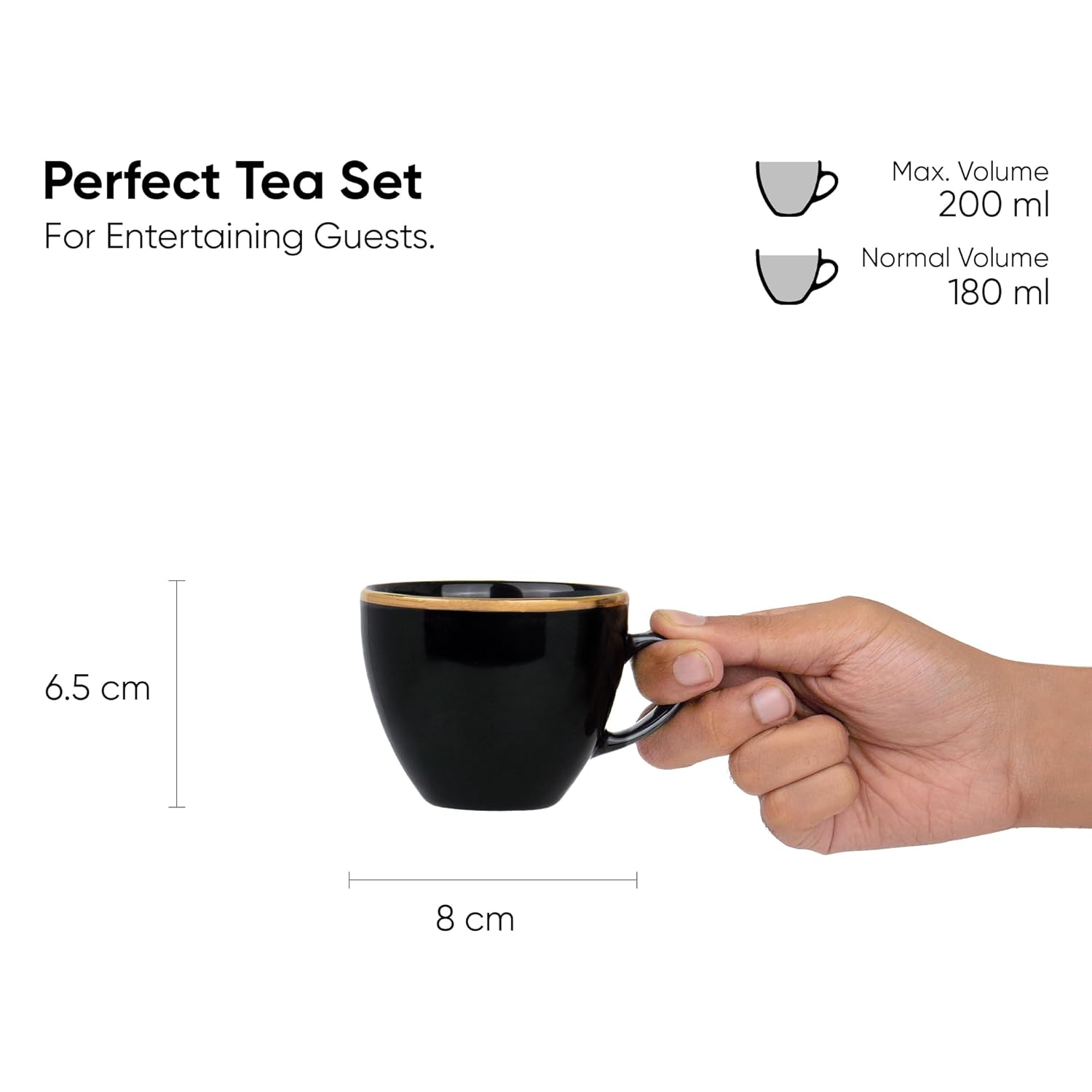 Real Gold Line Ceramic Tea Cups Set Of 6 - Black Gold Line, 200ml Each | Tea Cup Set Of 6 - Premium Ceramic Tea Set With Glossy Finish | Ceramic Tea Cup