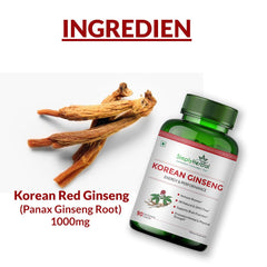 Simply Herbal 1000mg Natural Korean Red Ginseng For Men & Women, Support Healthy Immune System, Heart Health, Promote Endurance, Increase Performance, Fatigue | 90 Veg Capsules 150gm 0.3lbs