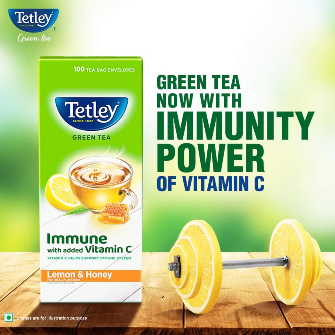 Tetley Lemon & Honey Green Tea - 100 Tea Bags Envelopes | Immune With Added Vitamin C - Rich In Antioxidants, Medium Caffeine