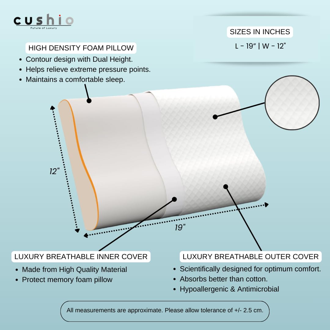 Memory Foam Pillow, Contour Memory Foam Orthopedic Pillow, White, Standard Size - 20 X12 Inch | For Neck & Shoulder Pain Relief With Dual Height | Removable Zipper Cover - Pack Of 2