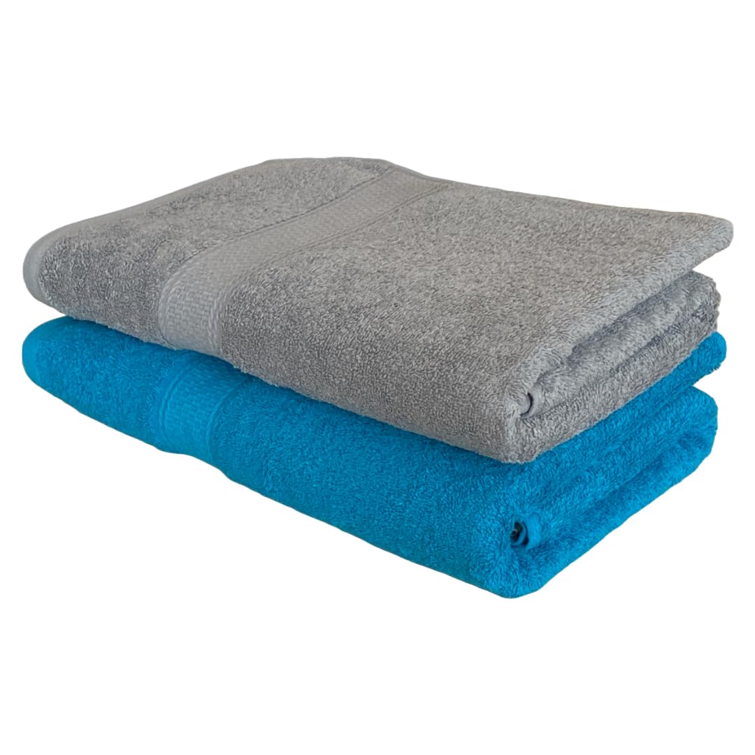 Patpug 100% Indian Ultra Soft Cotton 500 Gsm Highly Absorbent, Fade Resistant, Quick Drying Large Bath Towel (Turquoise Blue & Silver Grey)