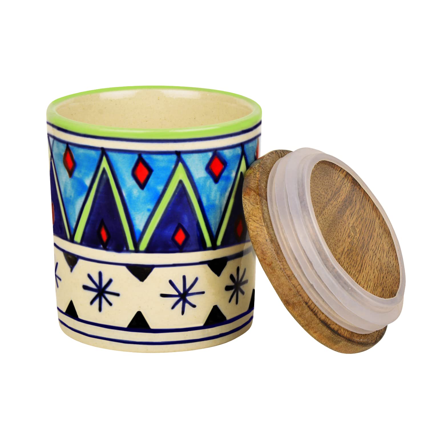 Hand Painted Multi Utility Storage Ceramic Airtight Jar With Sheesham Wooden Lid Set Of 2 - 300ml Each, Multicolor | Airtight Ceramic Container, Cookie Jar - Pickle Storage Jar