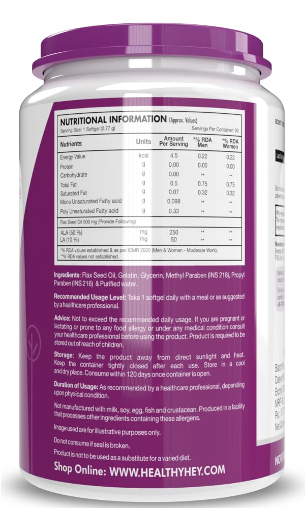 Healthyhey Flaxseed Rich Source Of Natural Omega 3 500mg, Support Heart Health, Support Healthy Cellular Function | 90 Softgels 150gm 0.3lbs
