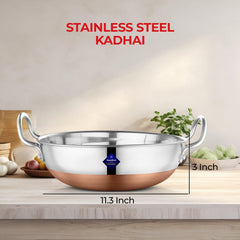 Silver Stainless Steel Kadhai With Copper Bottom - Pot Pans For Frying | Cookware Premium Heavy Gauge Steel Kadhai 1500ml