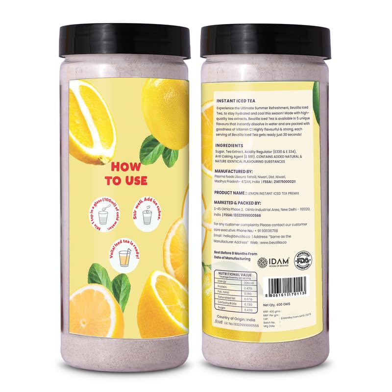 Bevzilla Lemon Instant Iced Tea Mix - 400gm, 14.1 Ounce | Quick Ready In 30 Seconds - Perfect Refreshing Summer Drink | Easy To Carry Anywhere - Low Caffeine
