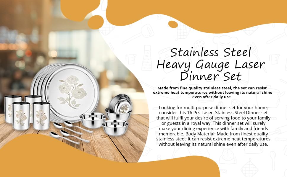 Silver Stainless Steel Floral Heavy Gauge Laser Design Dinner Set, 16 Pieces | 4 Pcs Full Plate+ 4 Pcs Curry Bowls Large+ 4 Pcs Glass+ 4 Pcs Desert Spoon