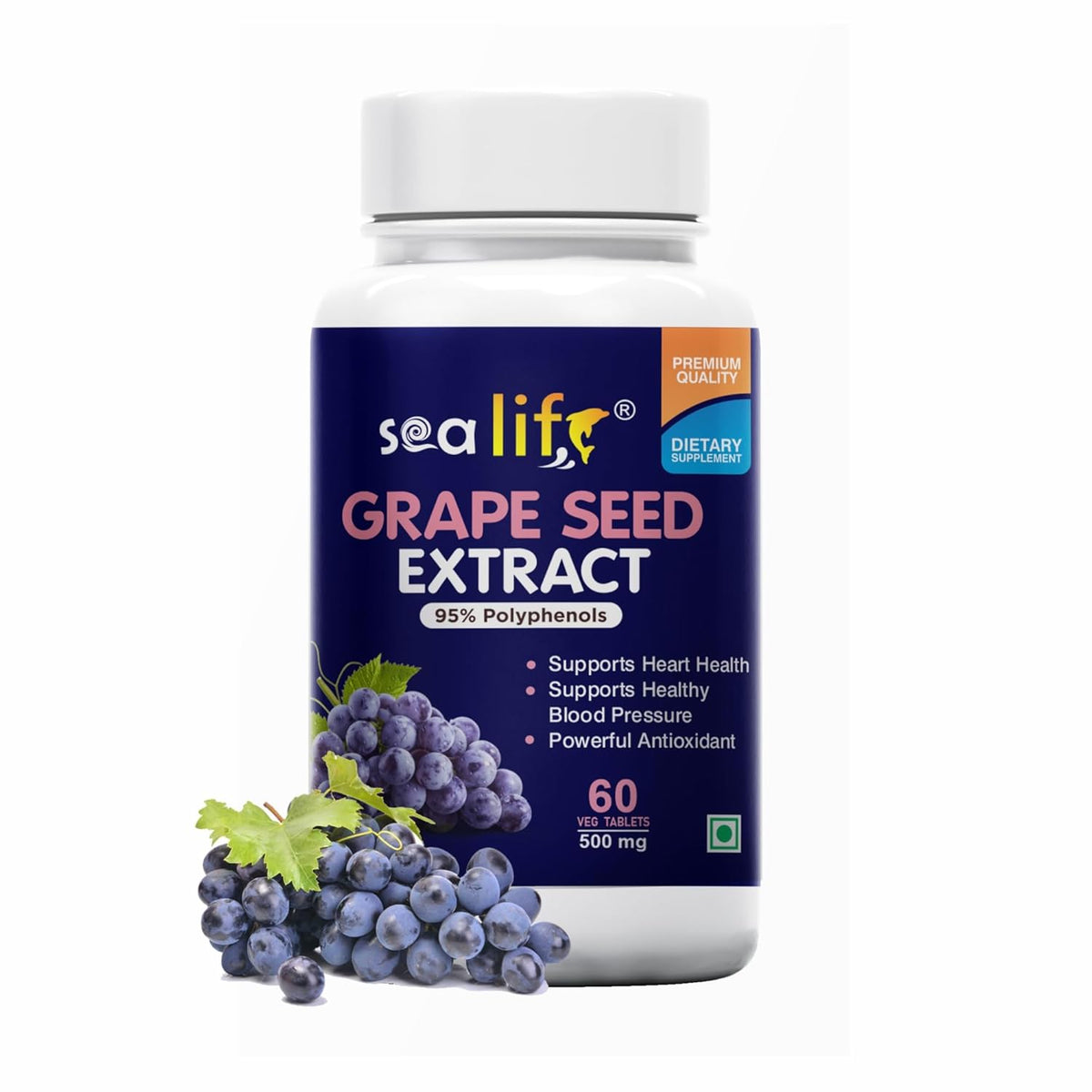 Sea Life Grape Seed Extract 500mg Antioxidant Supplement Strengthens Immunity, Helps Fight Infections, Promotes Healthy Skin And Hair For Women & Men | 60 Tablets 100gm 0.2lbs