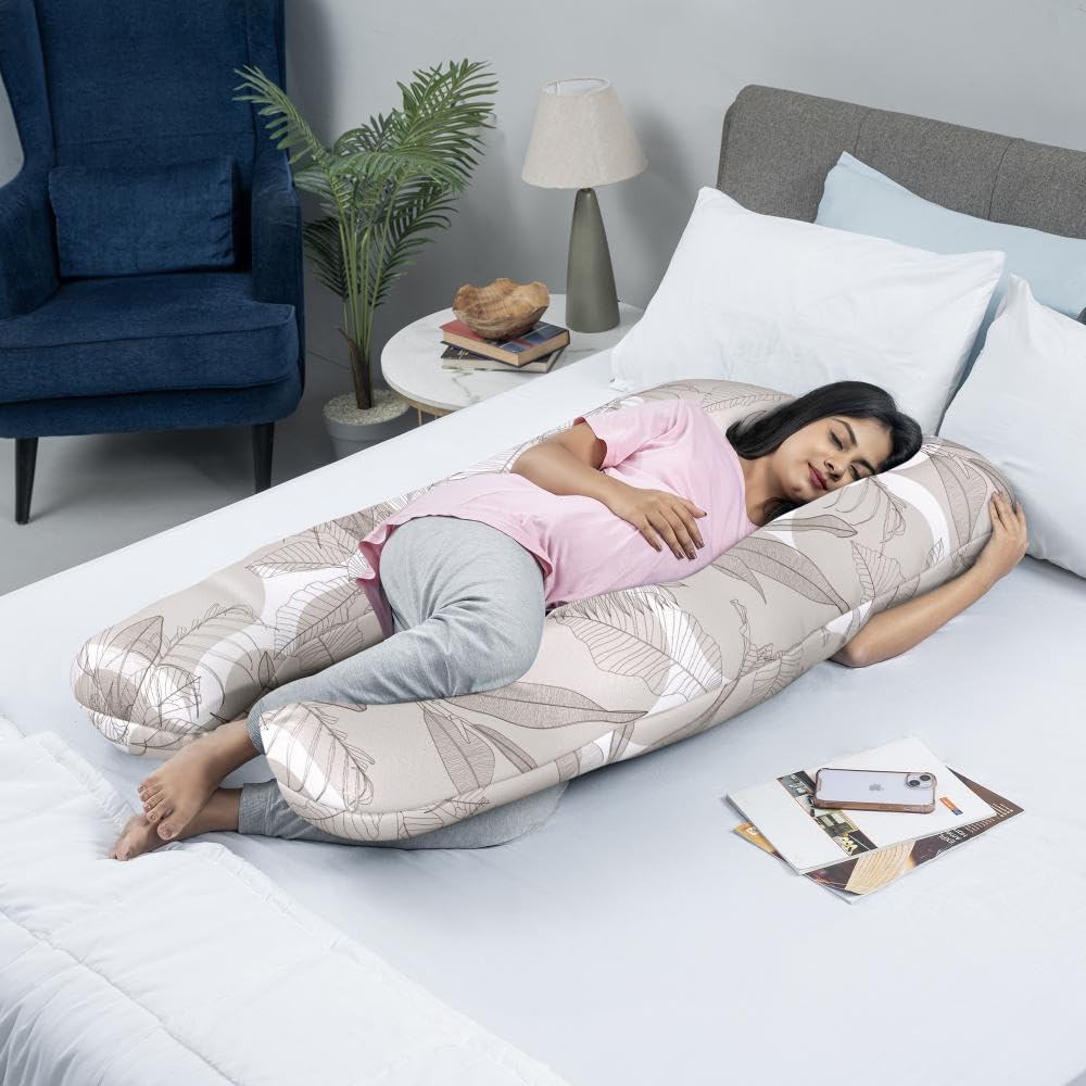 Pregnancy Pillow, J Shaped Pillow, Maternity Pillow For Sleeping - Light Brown | Mekko Printed, 100% Cotton Pillow For Pregnant Mothers With Breathable & No Heat Fabric - Full Body Support