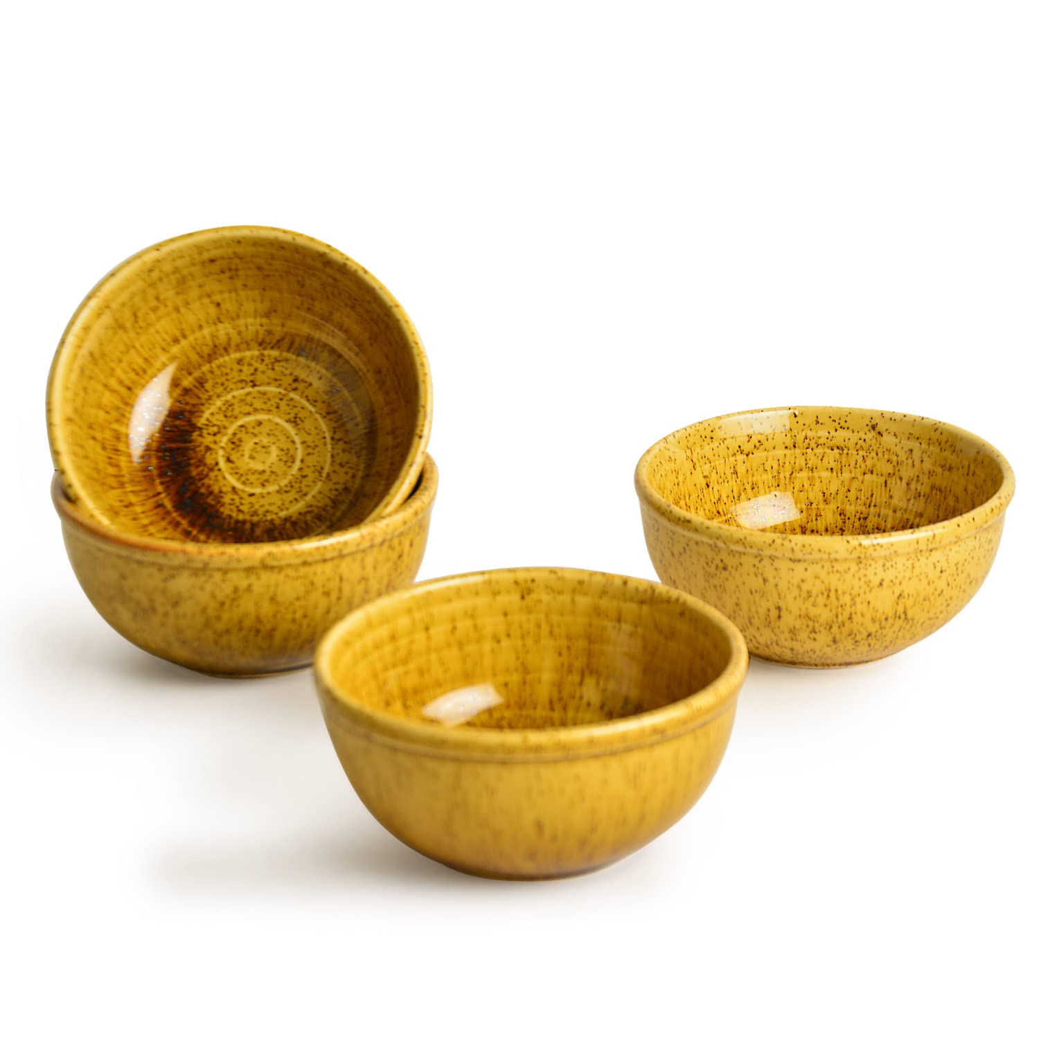 Studio Pottery Ceramic Dinner Serving Bowls Set Of 4 - Mustard Yellow, 200ml Each - California Spring Bloom | Vegetable & Dessert Serving Bowls - Kitchen Bowl Set