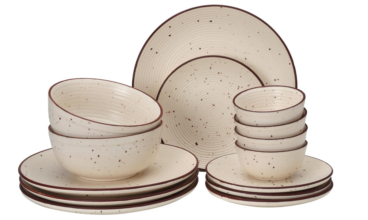 Handcrafted Ceramic Stoneware Dinner Set Of 14 Pieces With Serving Bowl Set - Beige | 4 Dinner Plates + 4 Small Plates + 4 Dinner Bowl, 180ml Each+ 2 Serving Bowl, 1000ml Each - Microwave Safe