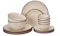 Handcrafted Ceramic Stoneware Dinner Set Of 14 Pieces With Serving Bowl Set - Beige | 4 Dinner Plates + 4 Small Plates + 4 Dinner Bowl, 180ml Each+ 2 Serving Bowl, 1000ml Each - Microwave Safe