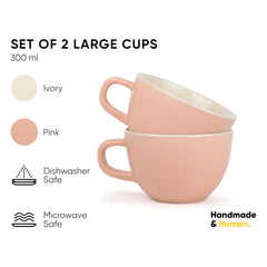 Large Ceramic Coffee Cup Set Of 2 - Pink, 300ml Each | Cappuccino Cup With Glossy Finish - Large Ceramic Coffee Cup | Premium Stoneware Coffee Cup - Microwave Safe