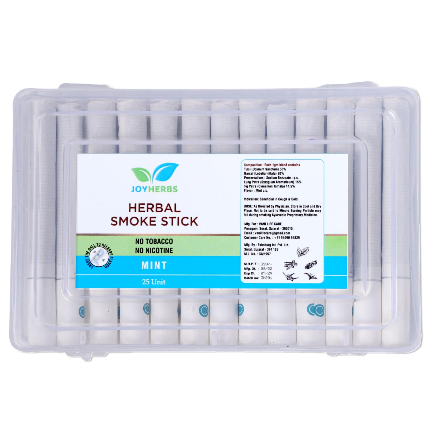 Ayurvedic Herbs Cigarettes, Non Addictive Pack Of 25 Sticks King Size | Cigarette Alternatives - Herbal Cigarette Mint Flvavour No Tobacco & Non Nicotine