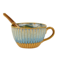 Studio Pottery Hand Glazed Dual Tone Ceramic Soup Cup With Spoon Set Of 4 - 300ml Each, Teal & Sand Yellow | Cereal Cups - Maggi Serving Bowls