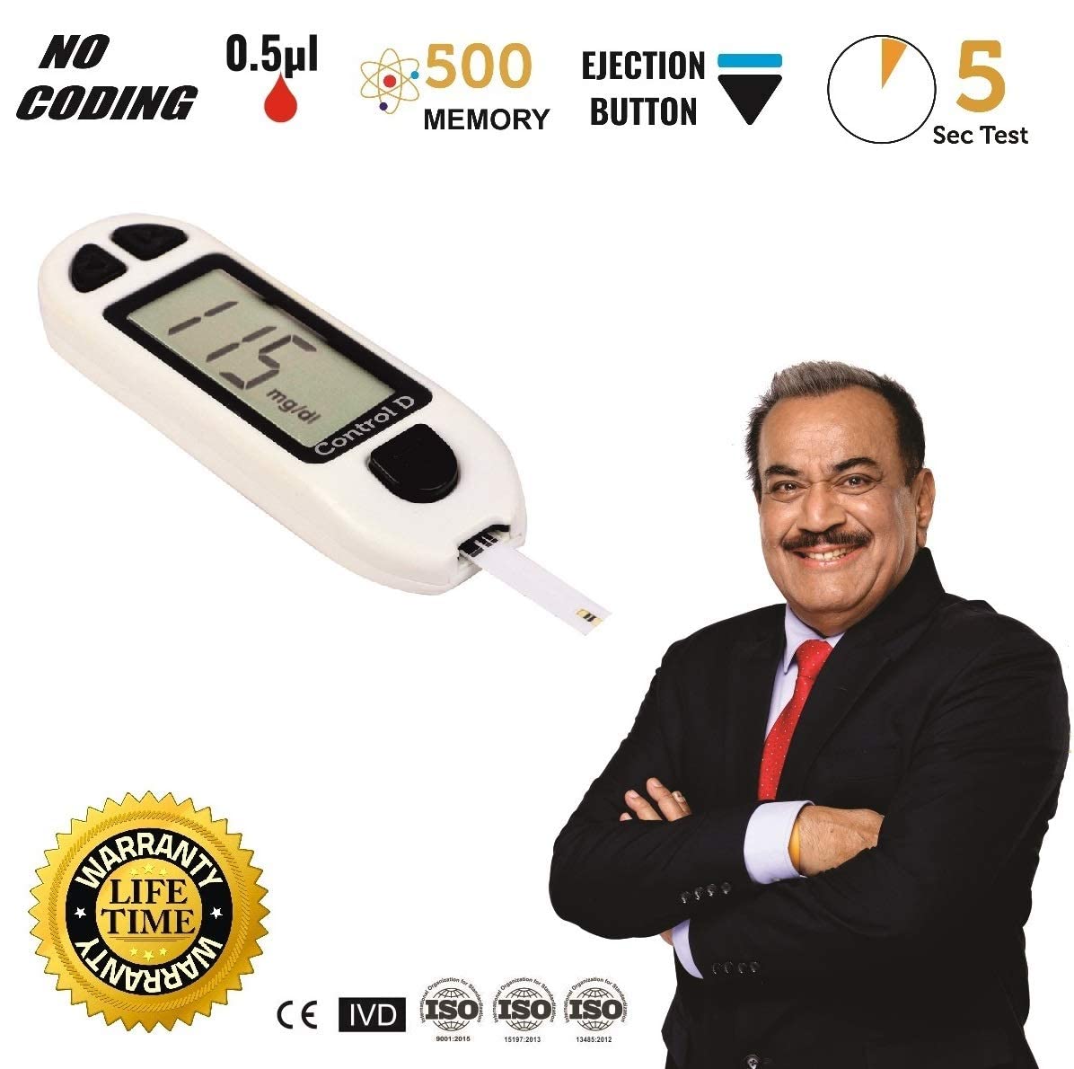 Control D Blood Glucose Sugar Testing Monitor With 10 Strips Glucometer - White