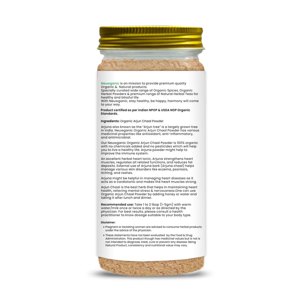 Neuwganic Organic Arjun Chaal Powder, India Organic & Usda Organic Certified, Promotes Good Cholesterol, Arjun Powder | 650gm 1.4lbs