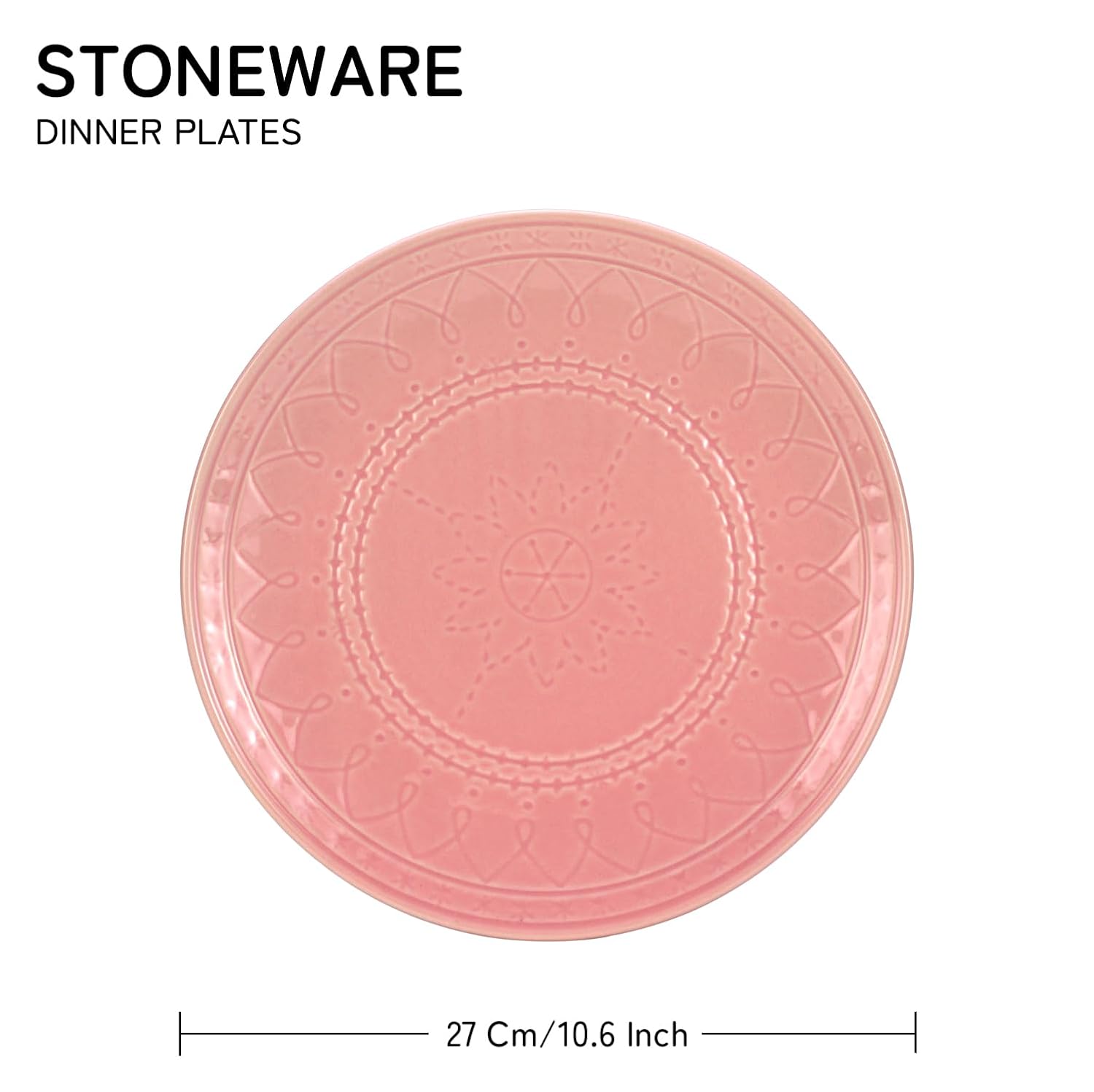 Ceramic Hand Glazed Large Embossed Dinner Plates Set Of 6 - 10.6 Inch, Light Pink | Handcrafted Stoneware - Microwave Safe & Dishwasher Safe