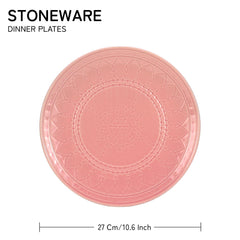 Ceramic Hand Glazed Stoneware Embossed Large Dinner Plates Set Of 4 - 10.6 Inch, Light Pink | Microwave Safe & Dishwasher Safe