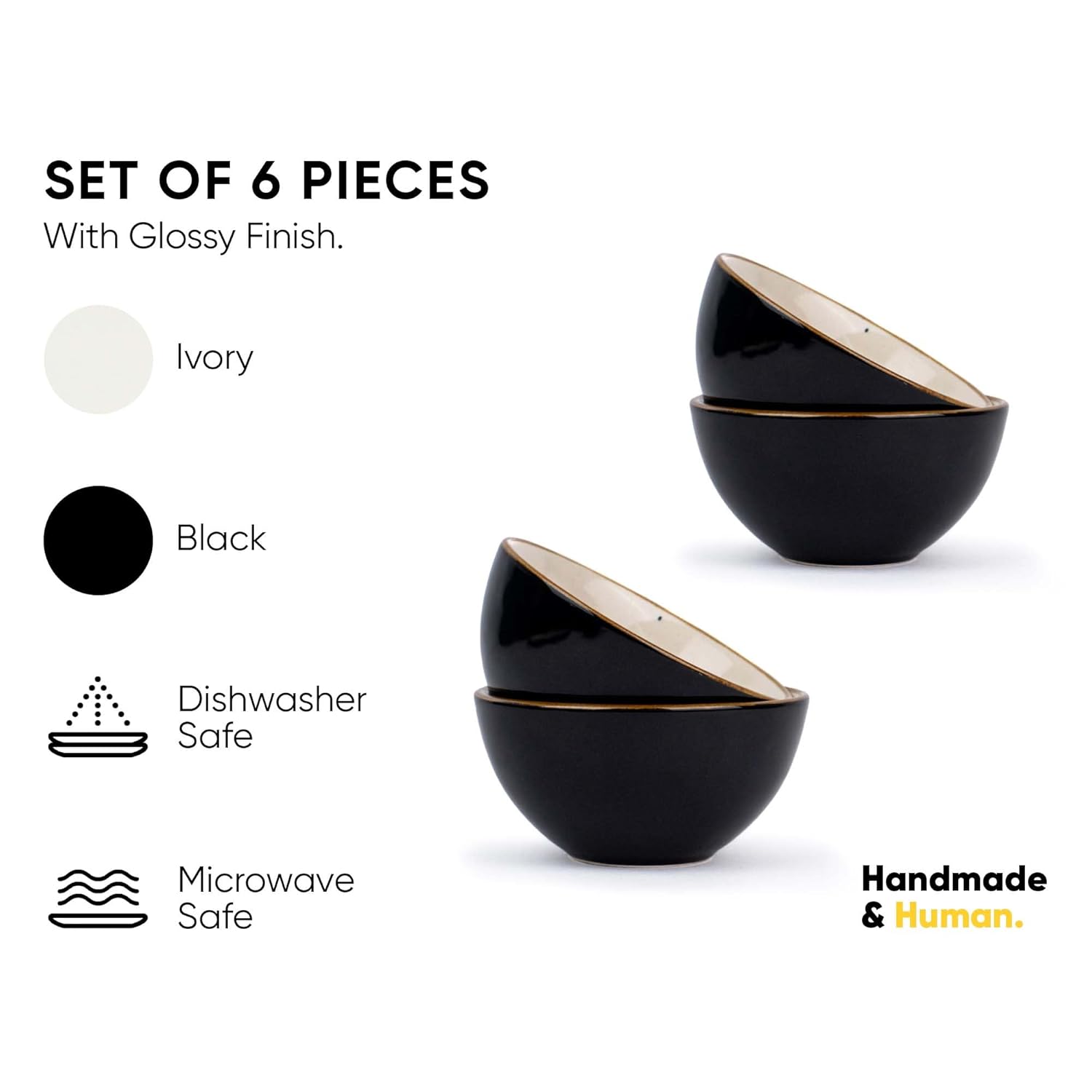 Ceramic Veg Bowls Set Of 6 For Dinner - 180ml Each, Black Ivory Rim Series | Katori Set With Glossy Finish - Stoneware Ceramic Bowls Set | Dessert Bowl Set