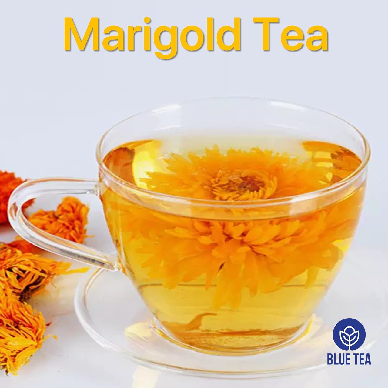 Blue Tea Organic Marigold Flower Herbal Tea - 25gm Pet Jar, 0.8 Ounce | Caffeine Free, Non-GMO, Flower Based Detox Tea - Gluten Free, Non-Bitter | Relieves Pain