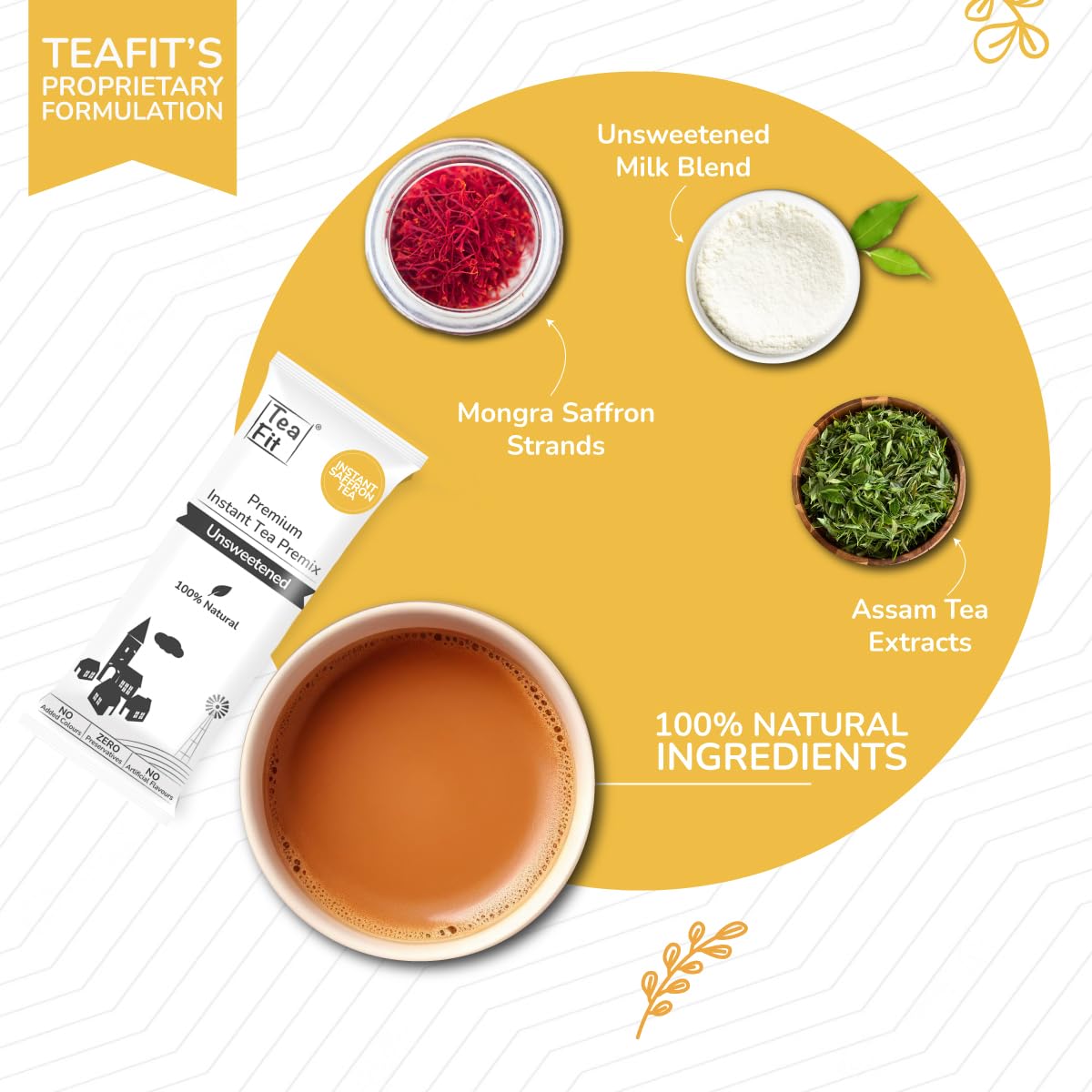 Teafit Unsweetened Instant Saffron Tea Premix - Pack Of 10 Sachets, 140gm, 4.9 Ounce | Premium Milk Tea Premix, Just Add Water - Strong Home Like Kesar Chai | Low Caffeine