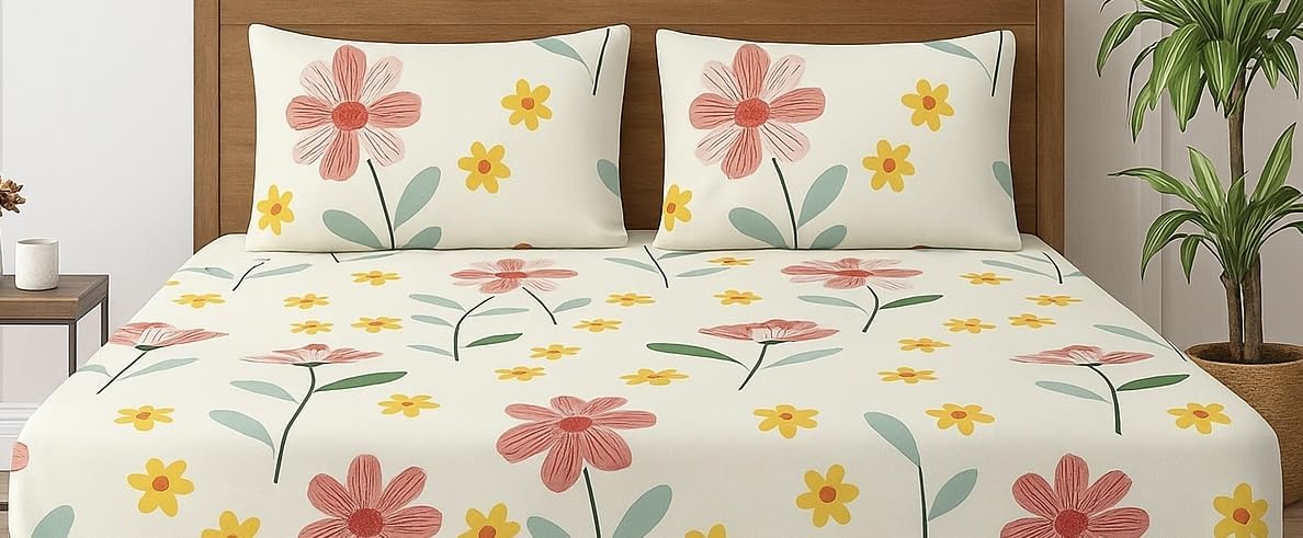 1 Bedsheet For Double Bed With 2 Pillow Covers - 90 X 100 Inches, Multicolor | Premium Cotton Material Double Bedsheet Queen Size | Skin Friendly & Long Lasting