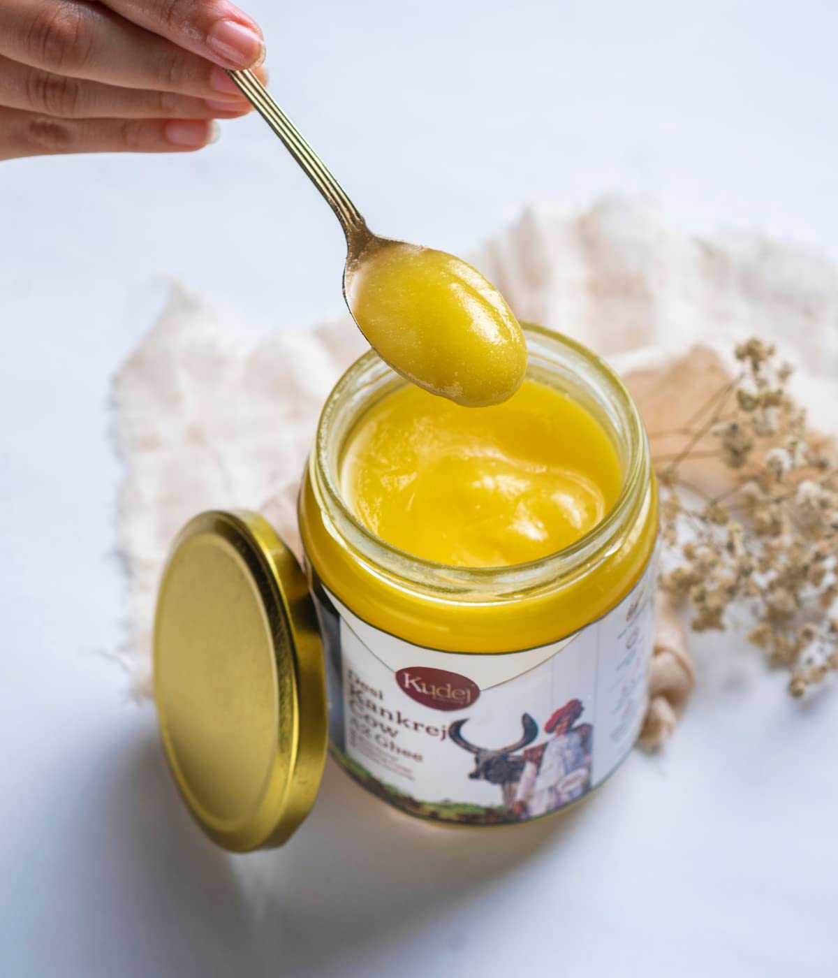 Organic Desi Kankrej A2 Pure Cow Ghee By Kudej | High In Vitamins A, D & Healthy Bilona Method Desi Ghee Improves Hair Health | (500ml) 16.9 Ounce | Jar Pack