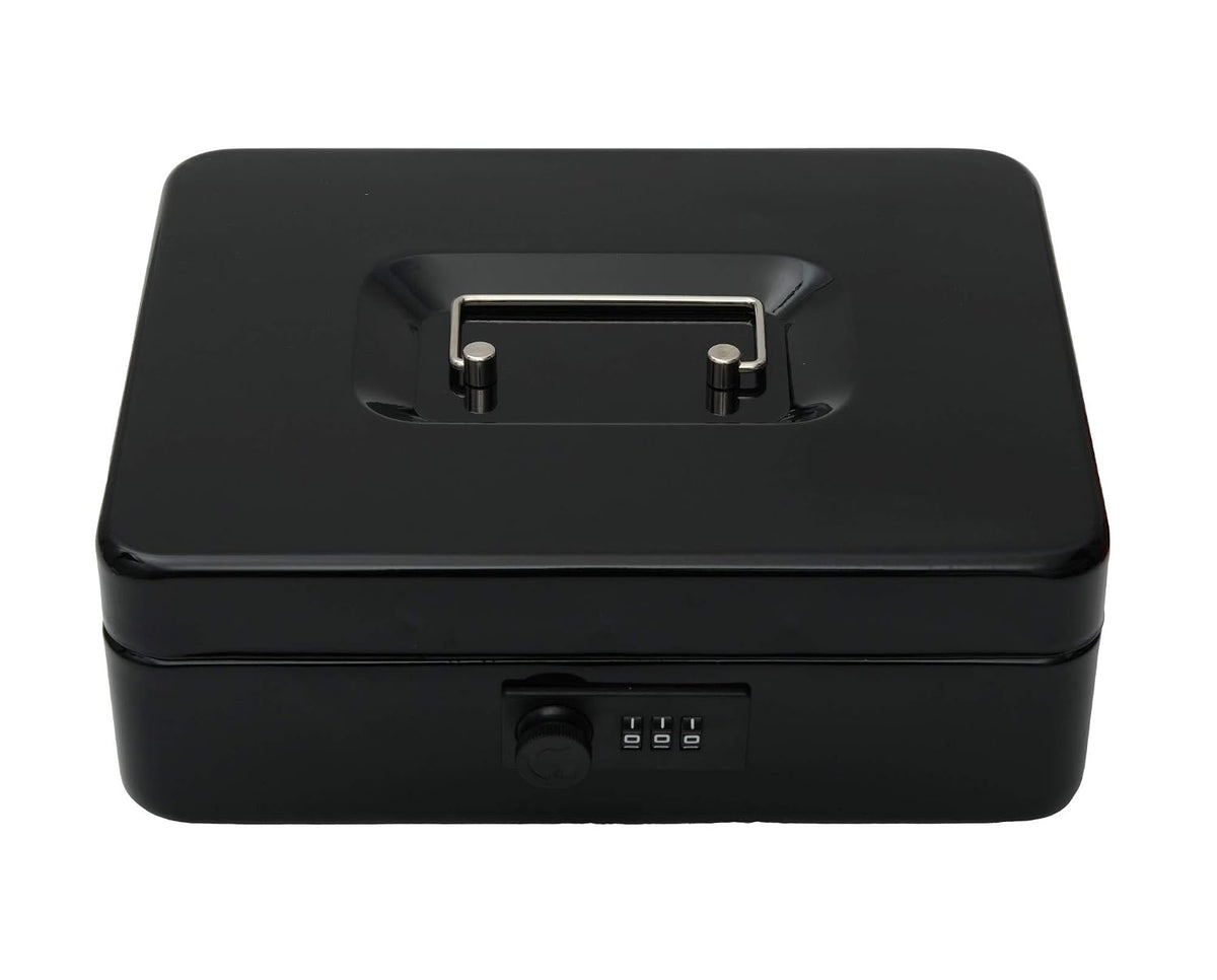 Metal Cash Box With Number Combination Lock, Size - Medium, Colour - Black, Material - Iron, Special Feature - Removable Tray
