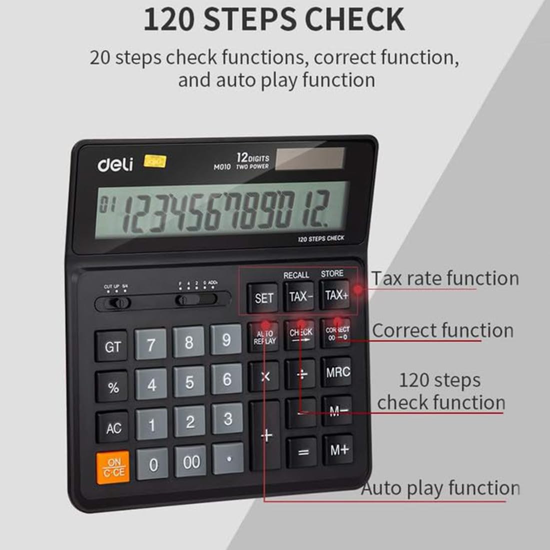 Deli Wm01020 Tax Calculator Big Size | 3 Years Warranty |12 Digits With F- Cut Keys, Steps Check & Correct Function - Black | Dual Power Options, User Friendly Interface