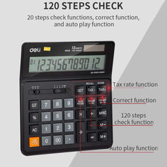 Deli Wm01020 Tax Calculator Big Size | 3 Years Warranty |12 Digits With F- Cut Keys, Steps Check & Correct Function - Black | Dual Power Options, User Friendly Interface