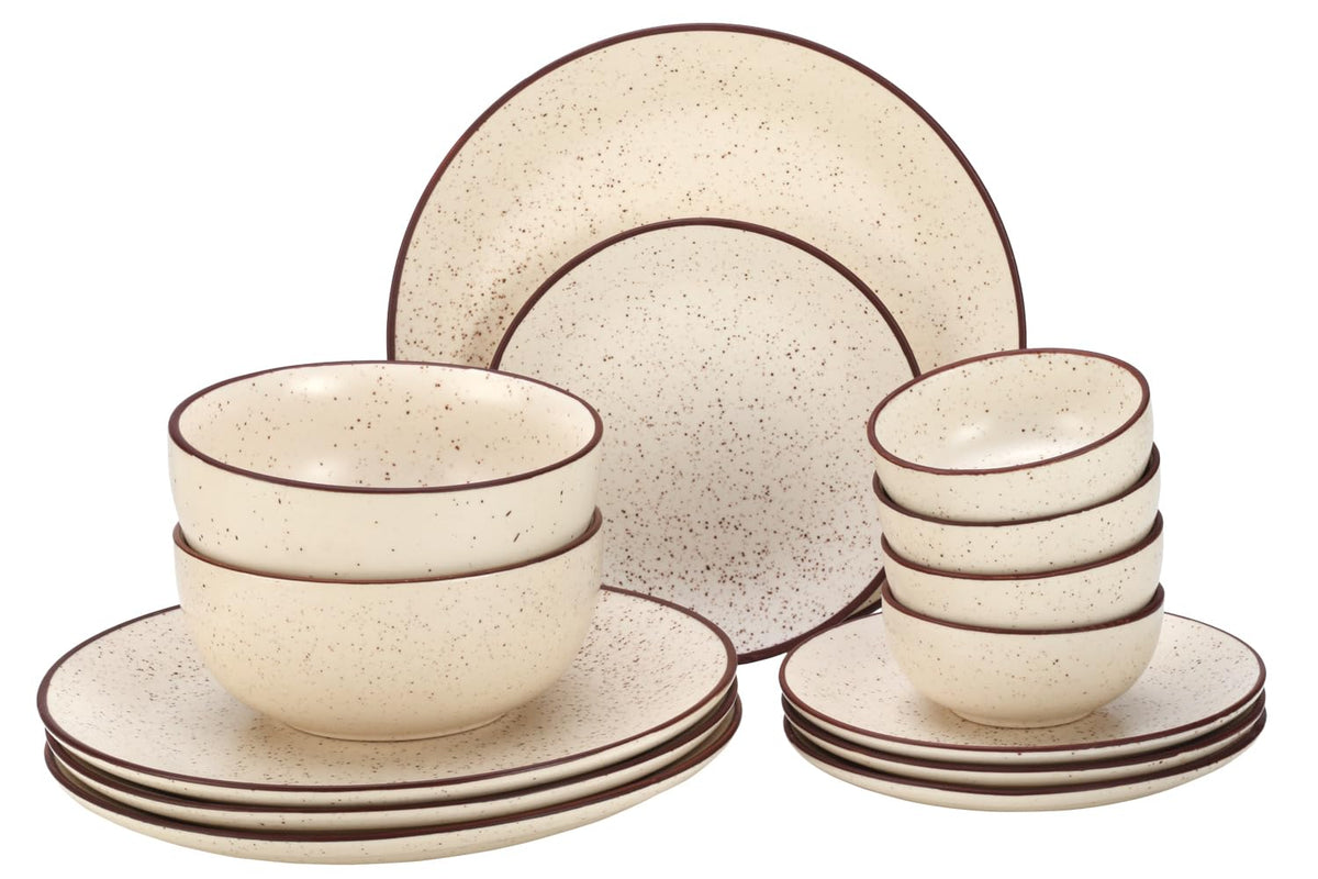 Handcrafted Ceramic Stoneware Dinner Set Of 14 Pieces With Serving Bowls Set - Beige Speckled | 4 Dinner Plates + 4 Small Plates + 4 Small Dinner Bowl, 170ml Each+ 2 Serving Bowl, 1000ml Each