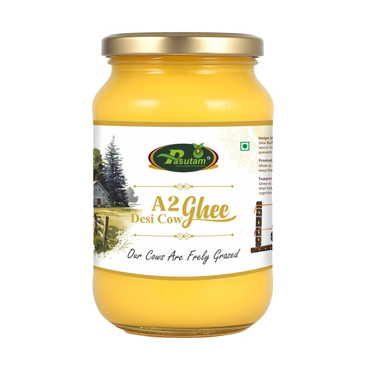 Organic Natural A2 Desi Cow Ghee By Pasutam | Natural & Healthy Desi Cow Ghee Perfect For Bakes Cookies | (500ml) 16.9 Ounce | Jar Pack